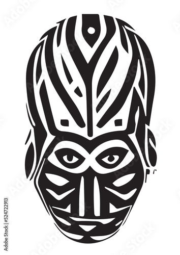 Tribal African Mask - Black and White Illustration