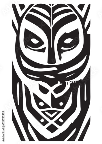 Tribal African Mask - Black and White Illustration