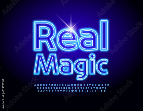 Vector neon flyer Real Magic. Blue led Font. Light tube Alphabet Letters, Numbers and Symbols set