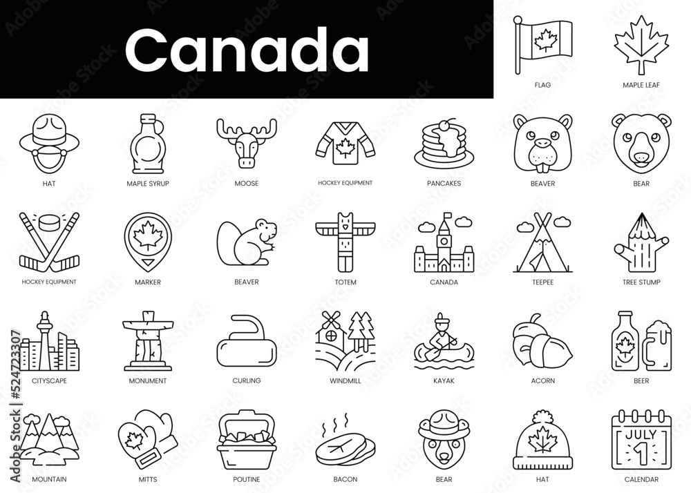 Set of outline canada icons. Minimalist thin linear web icon set. vector illustration.