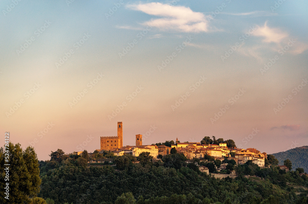 The mediaeval castle and hill town of Poppi, Tuscany, Italy. Summer evening