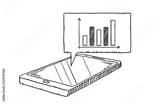 Sketch style illustration of column chart with financial growth analysis showing on cloud from mobile screen