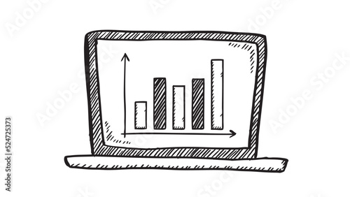 Sketch style illustration of column chart with financial growth analysis showing on laptop screen