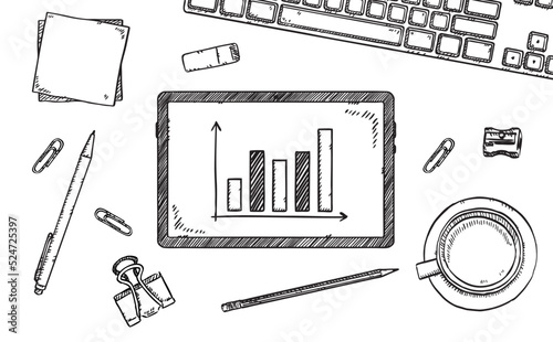 Sketch style illustration of column chart with financial growth analysis showing on tablet lying on office desk