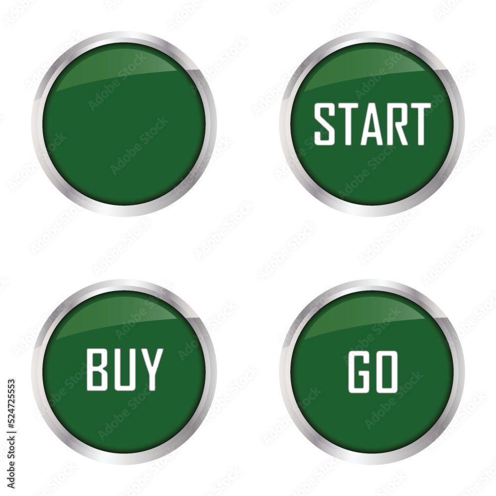 Set of four green vector buttons. With texts Start, Buy, Go and without any text. Dark green buttons with chrome base. Set of four green vector buttons. With texts Start, Buy, Go and without any text. Dark green buttons with chrome base.
