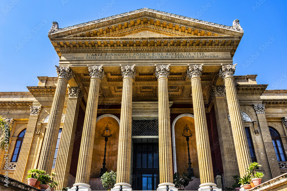 Architectural fragment of Neoclassical Opera House (Teatro Massimo Vittorio Emanuele, 1897) at Piazza Verdi in Palermo. Palermo Teatro Massimo is the second-largest in Europe. Palermo, Sicily, Italy.