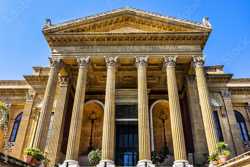Architectural fragment of Neoclassical Opera House (Teatro Massimo Vittorio Emanuele, 1897) at Piazza Verdi in Palermo. Palermo Teatro Massimo is the second-largest in Europe. Palermo, Sicily, Italy. photo
