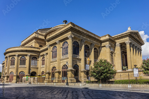 Architectural fragment of Neoclassical Opera House (Teatro Massimo Vittorio Emanuele, 1897) at Piazza Verdi in Palermo. Palermo Teatro Massimo is the second-largest in Europe. Palermo, Sicily, Italy.