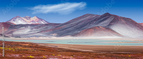 Panorama of a colorful mountain landscape with volcanoes and the salt lake 'Laguna de Talar' in the Andes in the north of Chile 