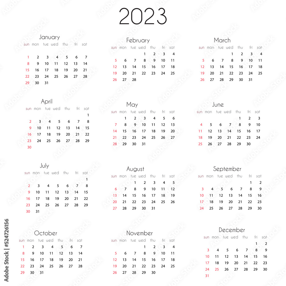 2023 Calendar year template. Vector illustration of annual calendar 2023, 12 month grid, week starts on Sunday 2023 Calendar year template. Vector illustration of annual calendar 2023, 12 month grid, week starts on Sunday