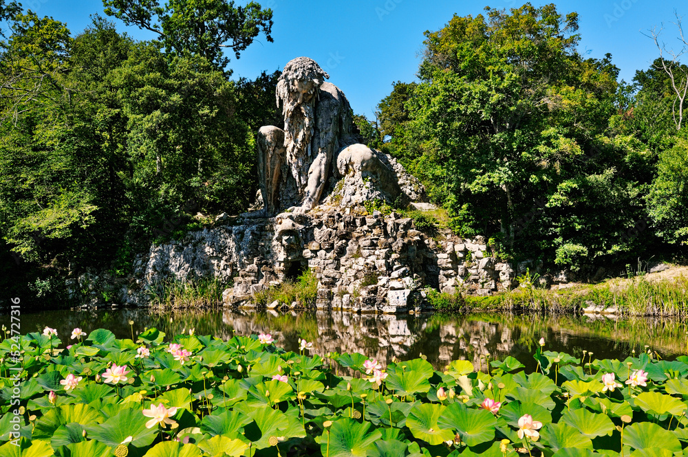Huge 16 C. statue known as the Apennine Colossus by Giambologna in garden of the Villa Demidoff di Pratolino, Tuscany, Italy
