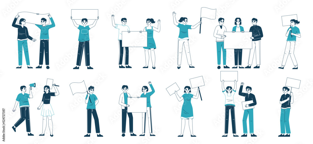 Demonstration, protesters characters, protesting eco or political activists. Outline people crowd holding empty placards and banners flat vector illustration set. Manifesting activists collection Demonstration, protesters characters, protesting eco or political activists. Outline people crowd holding empty placards and banners flat vector illustration set. Manifesting activists collection