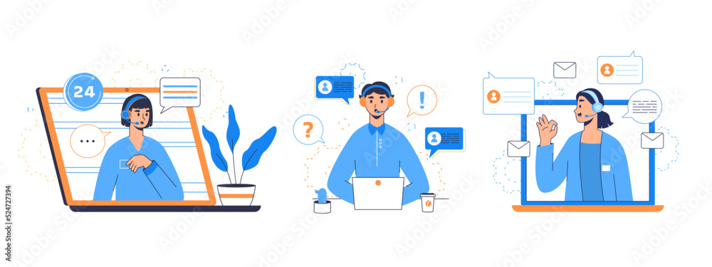 Customer support service, client help center hotline operators. Flat customer care workers, mobile client support center flat vector illustration set. Problem solving customer care Customer support service, client help center hotline operators. Flat customer care workers, mobile client support center flat vector illustration set. Problem solving customer care