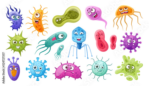 Cartoon bacteria, microbes and viruses germs mascots. Cute microorganisms, bacteria with facial emotions flat vector symbols illustration set. Funny bacteria and viruses