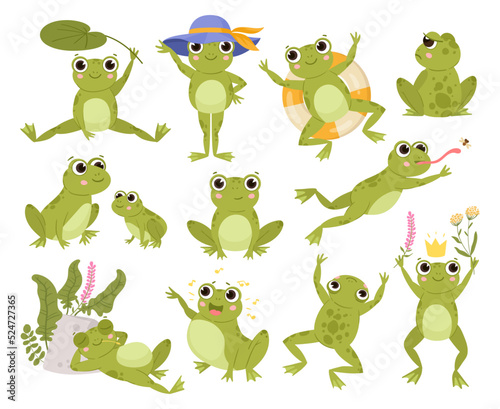 Green cartoon frogs, active water animals, cute amphibian. Funny frogs, sleeping and jumping froglets flat vector illustrations set. Cute froggy collection