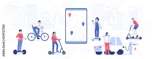Eco city transport rental service, modern transportation sharing concept. People riding rental electric kick scooters and bicycles flat vector illustration. Vehicle sharing mobile app