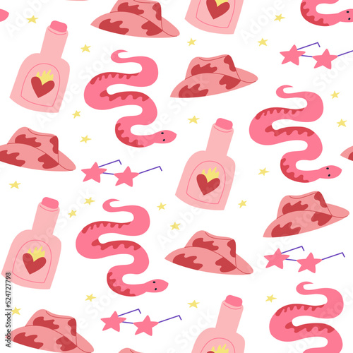 Seamless pattern with cowgirl disco accessories. Cowboy hat, rum bottle, snakes and star shape sunglasses. Vector flat background 