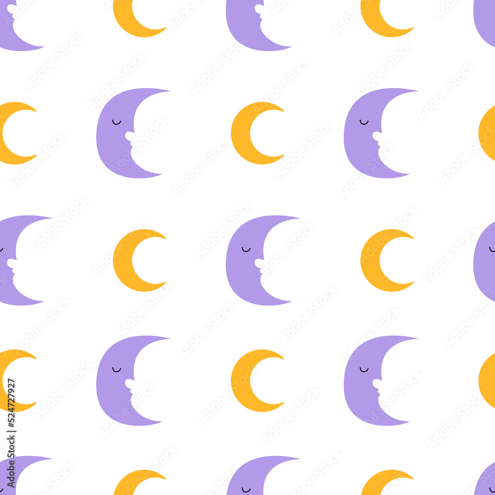 Seamless pattern with crescent moon and cute sleepy face. Vector flat background