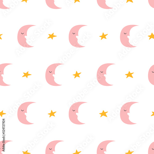 Seamless pattern with crescent moon with cute sleepy face and stars. Vector flat background