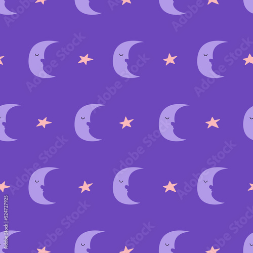 Seamless pattern with crescent moon with cute sleepy face and stars. Vector flat background