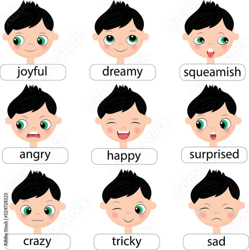 Cute boy emotions collection. Different emotional faces set. 
