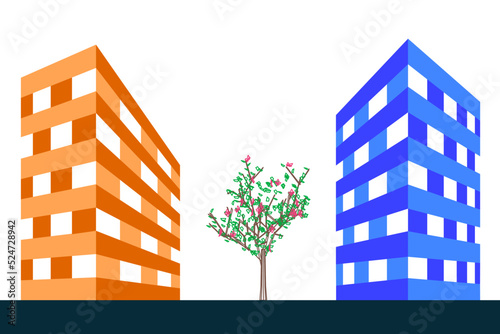 Isometric cityscape in with two schematic houses and one frame blooming tree. An illustration of the problem of urban greening.