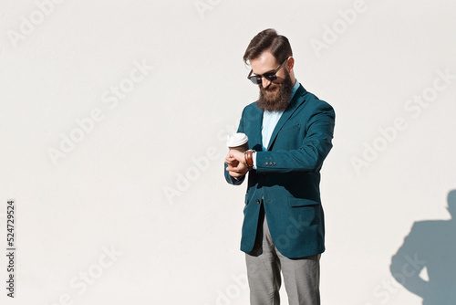 Obraz na płótnie Stylish man with beard wearing a jacket, shirt and bow tie on a sunny day w salonie