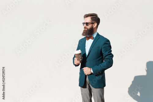 Obraz na płótnie Stylish man with beard wearing a jacket, shirt and bow tie w salonie