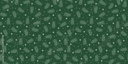 Christmas and Happy New Year seamless pattern. Spruce branches, snowflakes, snow. New Year symbols.Trendy retro style. Vector design.