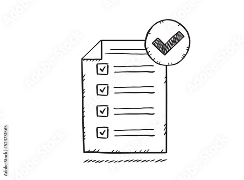Doodle of document with checklist and check marks. Hand drawn vector icon.