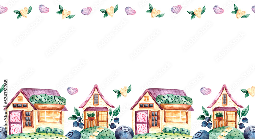 Seamless watercolor border with summer houses, blueberries and hearts