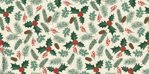 Christmas and Happy New Year seamless pattern. Spruce branches, leaves, berries, snowflakes. New Year symbols.Trendy retro style. Vector design.