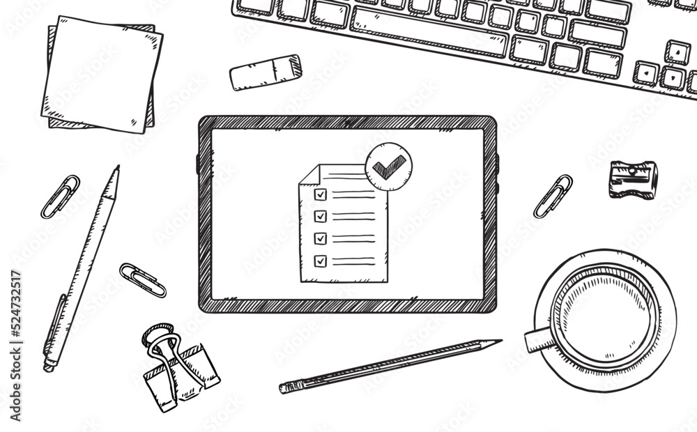 Hand drawn illustration of checklist with check marks showing on tablet