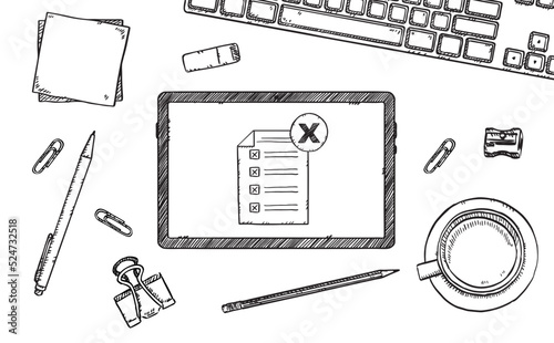 Hand drawn illustration of checklist with wrong check marks showing on tablet screen. The tablet is on the desk in the office. Sketch style vector file.