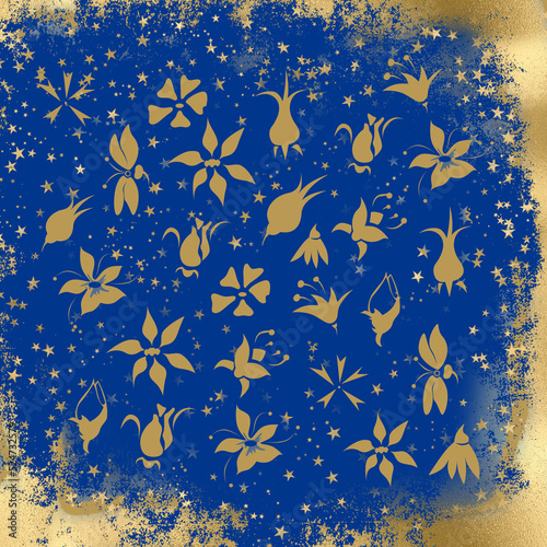 Gold floral indigo blue pattern background.
