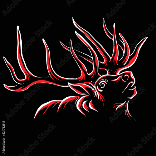 The Vector logo elk for T-shirt design or outwear.  Hunting style background.
  Hunting style elk background. This hand drawing is for black fabric or canvas. 