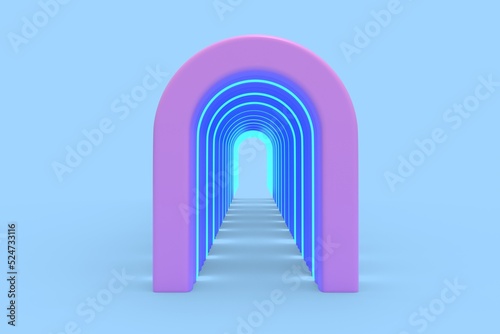 Multi-colored arch in 3D space on blue background. Enter tunnel.