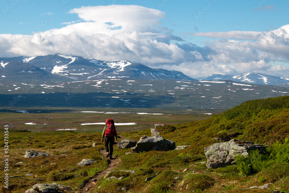 A hiker on the trail between the Swedish Blahammaren and Norwegian Nedalshytta mountain stations, Jamtland, Sweden