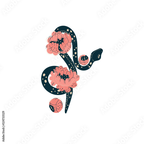 Magic esoteric snake in flowers