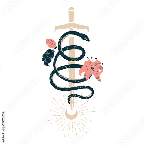 Magic esoteric snake in flowers