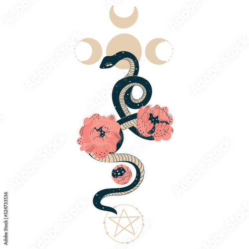 Magic esoteric snake in flowers