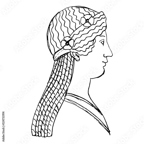 Goddess Isis from Pompeii. Roman Egyptian goddess. Female portrait. Profile of a beautiful antique woman. Hand drawn linear doodle rough sketch. Black silhouette on white background.