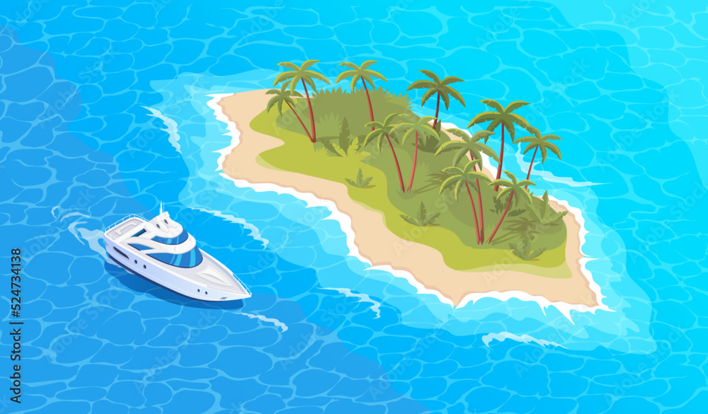 Isometric tropical island and white boat in the open ocean vector illustration - obrazy, fototapety, plakaty 