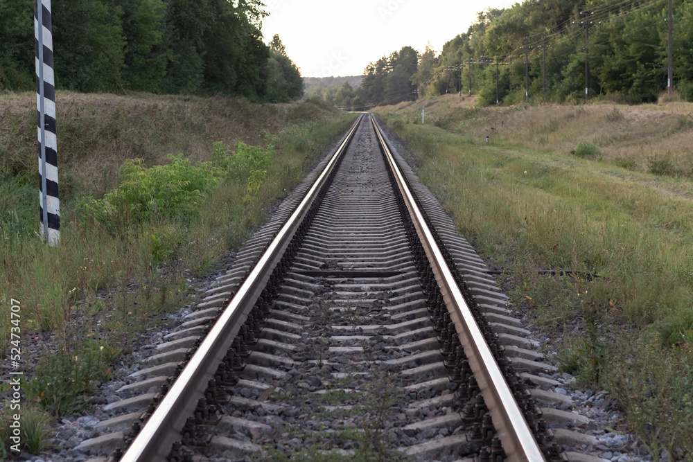 Railway lines Lining of railway tracks, rails and crushed stone. Railway junction. Heavy industry. Railway track