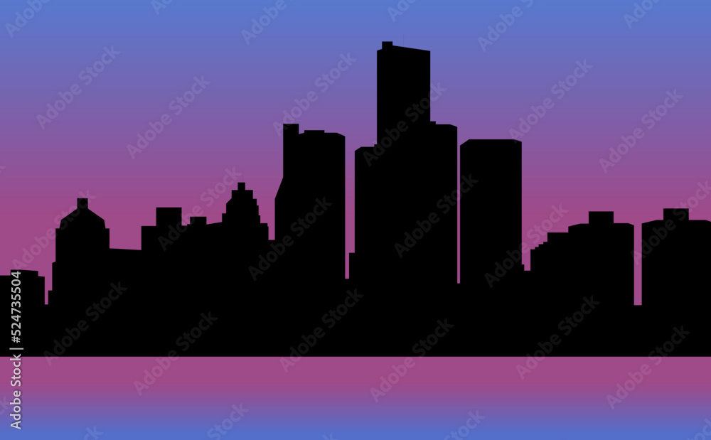 Detroit skyline silhouette. Evening panorama of the capital of Michigan.