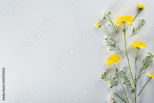 chrysanthemum and cutter flowers composition. Pattern and Frame made of various yellow or orange flowers and green leaves on white background. Flat lay, top view, copy space, spring, summer concept.