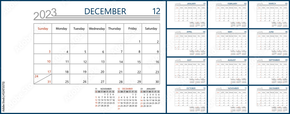 Monthly calendar template for 2023 year. Week Starts on Sunday. Wall or desk calendar design in a minimalist style. Monthly calendar template for 2023 year. Week Starts on Sunday. Wall or desk calendar design in a minimalist style.