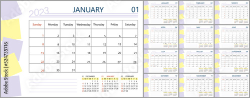 Monthly calendar template for 2023 year. Week Starts on Sunday. Wall or desk calendar design in a minimalist style.