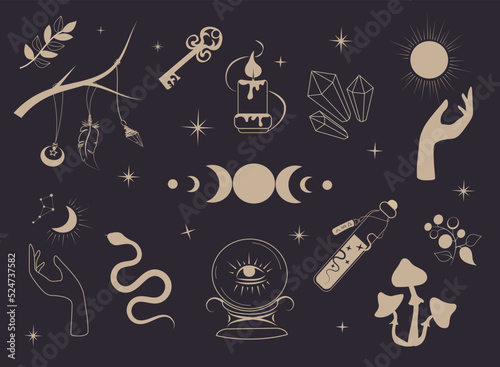 Set of witch items, moon, grimoire, hands, magic ball, crystals, planets, potions, amulets. Magic and witchcraft, witchcraft esoteric alchemy. Wicca. The symbol of the triple goddess. Vector