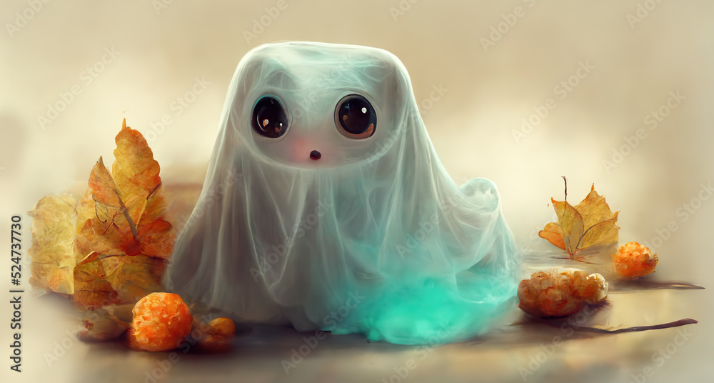 Halloween background with cute ghosts with big eyes. Halloween holiday concept decor. Hi tech. AI. Hi tech. AI.